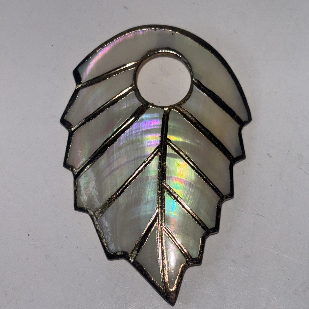 Mother Of Pearl Shell Pendant Art Deco Geometric Brass Tone Statement Pendant